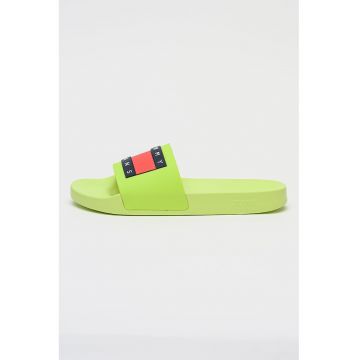 Papuci cu aplicatie logo - Alb/Negru/Verde electric