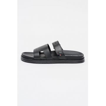 Papuci de piele cu bareta velcro - Negru