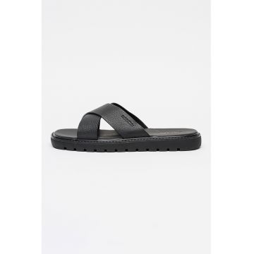 Papuci de piele cu logo - Negru