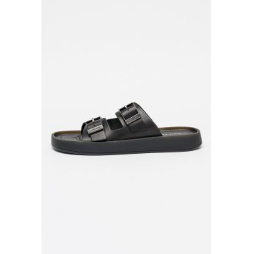 Papuci de piele cu talpa plata - Negru/Argintiu