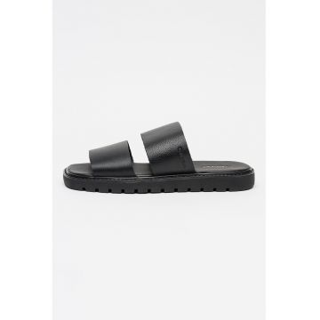 Papuci de piele cu varf patrat - Negru antracit