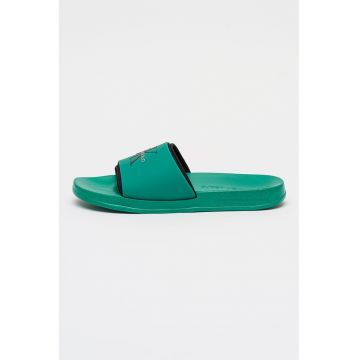 Papuci de piele ecologica cu imprimeu logo - Negru/Verde aquamarin