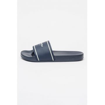 Papuci de piele ecologica cu logo - Alb optic/Bleumarin