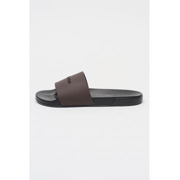 Papuci de piele ecologica cu logo - Maro cognac