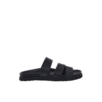 Papuci din piele cu varf rotund - Negru