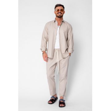 Set Lino Long camasa si pantalon lung din In Premium Edition Beige 21392 - Bej