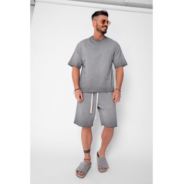 Set tricou si pantalon scurt cu efect prespalat Grey 21175 - Gri
