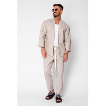 Set Tulum Jacheta tip kimono si pantalon lung Premium Edition Beige 21698 - Bej