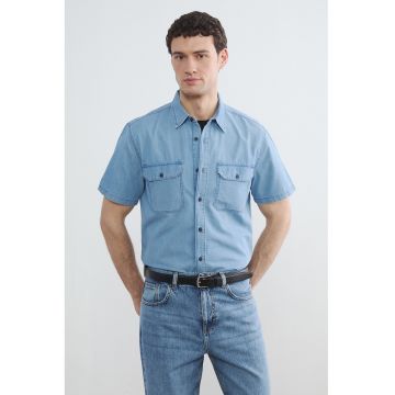 Camasa regular fit de denim cu maneci scurte - Albastru prafuit
