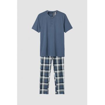 Pantaloni lungi cu model in carouri - Alb/Albastru prafuit