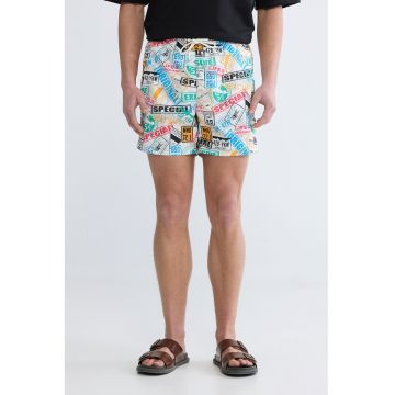 Pantaloni scurti de baie cu imprimeu text - Alb/Portocaliu/Albastru