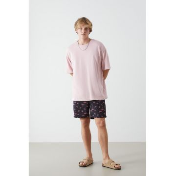Pantaloni scurti de baie cu imprimeu tropical - Negru/Roz