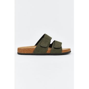 Papuci din material textil cu velcro - Kaki inchis