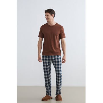 Pijama de pijama din bumbac cu buzunare laterale - Gri/Maro deschis/Albastru petrol