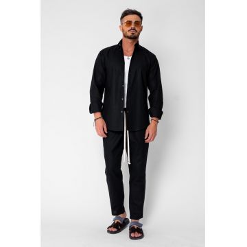 Set Lino Long camasa si pantalon lung din In Premium Edition Black 21396 - Negru