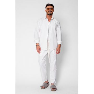 Set Lino Long camasa si pantalon lung din In Premium Edition Off White 21388 - Alb