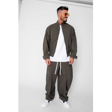 Set Oversized Windbreaker Jacheta cu fermoar si pantalon lung din fas Dark Olive 21127 - Verde masliniu inchis