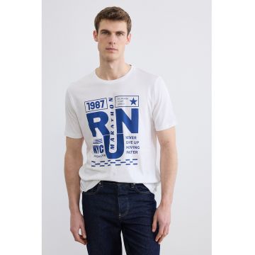 Tricou cu decolteu la baza gatului si imprimeu text - Alb/Albastru royal