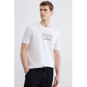 Tricou cu decolteu la baza gatului si imprimeu text - Alb/Negru antracit