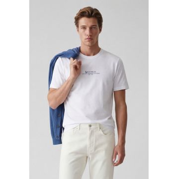 Tricou cu decolteu la baza gatului si imprimeu text - Alb