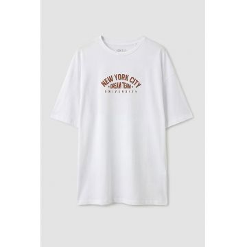 Tricou cu imprimeu si maneci cazute - Maro/Alb optic