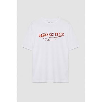 Tricou de bumbac cu decolteu la baza gatului - Alb optic/Rosu vermillion