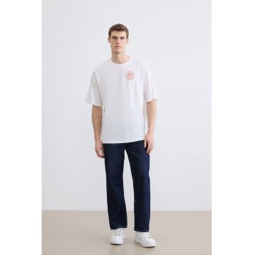Tricou de bumbac cu decolteu la baza gatului - Alb/Portocaliu