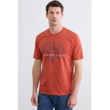 Tricou de bumbac cu decolteu la baza gatului - Albastru inchis/Caramiziu