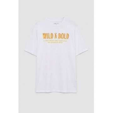 Tricou de bumbac cu decolteu la baza gatului - Galben sofran/Alb optic