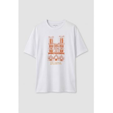 Tricou de bumbac cu decolteu la baza gatului - Portocaliu neon/Alb optic