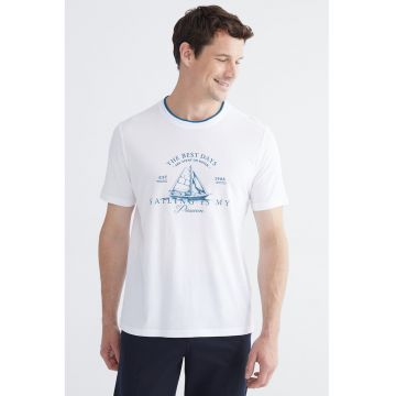 Tricou de bumbac cu imprimeu pe piept - Albastru royal/Alb optic