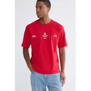 Tricou de bumbac cu imprimeu pe piept - Rosu vermillion