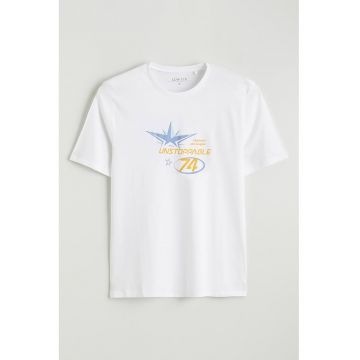 Tricou de bumbac cu imprimeu text - Alb/Portocaliu pal