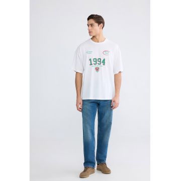 Tricou de bumbac cu imprimeu text - Alb/Verde