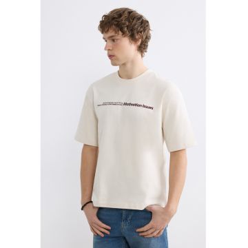 Tricou de bumbac cu text brodat - Visiniu/Alb fildes