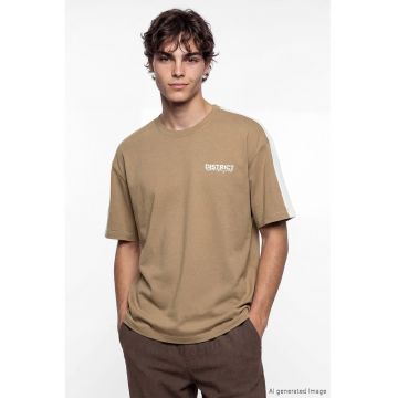 Tricou din amestec de bumbac cu decolteu la baza gatului - Maro camel