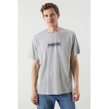 Tricou din amestec de bumbac cu imprimeu text - Gri deschis melange