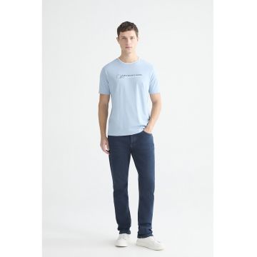 Tricou din bumbac cu decolteu la baza gatului - Alb/Albastru deschis
