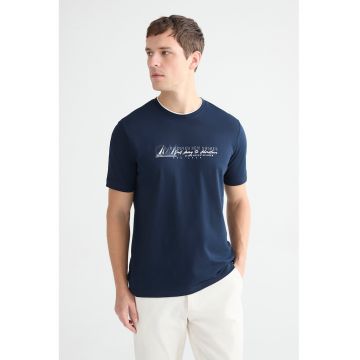 Tricou din bumbac cu decolteu la baza gatului - Alb/Albastru ultramarin