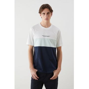 Tricou din bumbac cu decolteu la baza gatului - Alb/Bleumarin