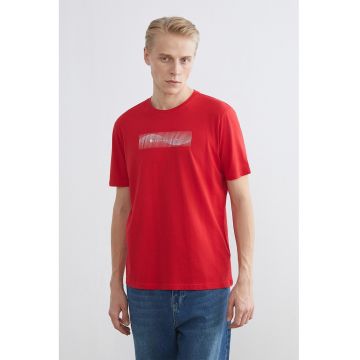 Tricou din bumbac cu decolteu la baza gatului si imprimeu grafic - Rosu vermillion
