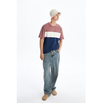 Tricou din bumbac cu dungi - Roz prafuit/Bleumarin