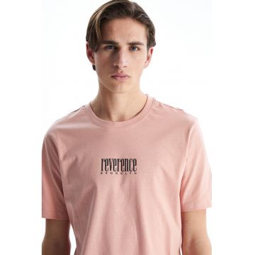 Tricou din bumbac cu imprimeu text - Roz somon