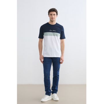 Tricou din bumbac cu model colorblock - Alb/Verde/Bleumarin