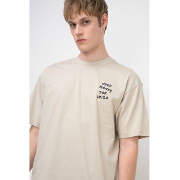 Tricou din bumbac organic cu imprimeu text Money - Bej deschis