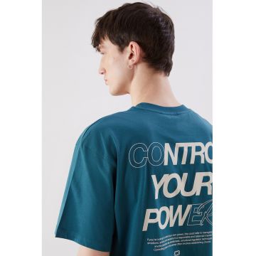 Tricou lejer cu imprimeu text pe partea din spate - Albastru petrol