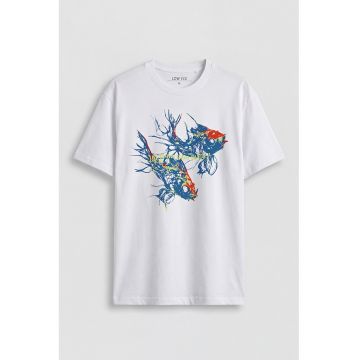 Tricou lejer de bumbac cu imprimeu - Albastru paun/Alb optic