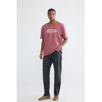 Tricou lejer de bumbac cu imprimeu text - Roz zmeuriu/Alb murdar