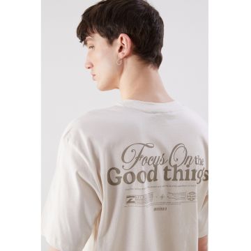 Tricou lejer din bumbac cu imprimeu pe partea din spate - Crem