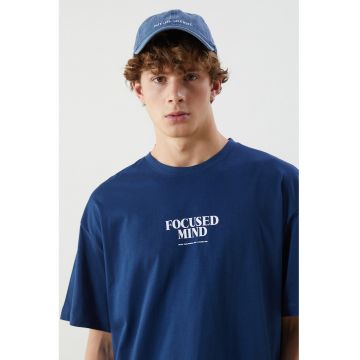 Tricou lejer din bumbac cu imprimeu text - Albastru indigo